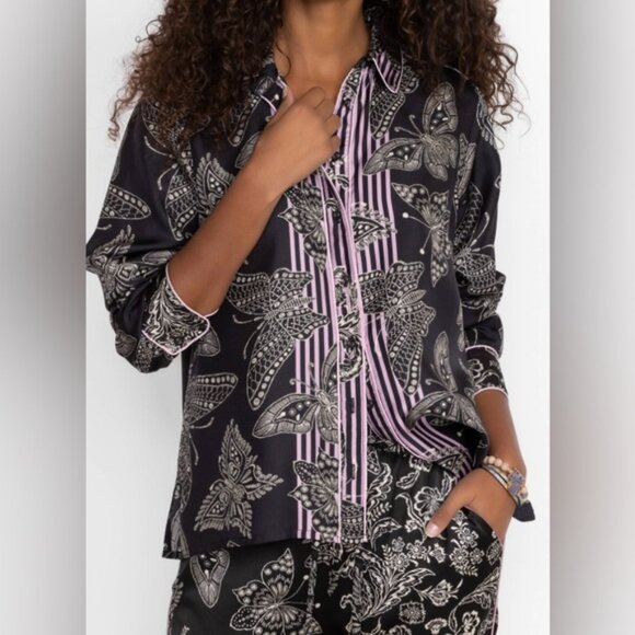 Johnny Was Womens Patsie Button-Up Silk Shirt Size Medium Black White - Picture 10 of 11